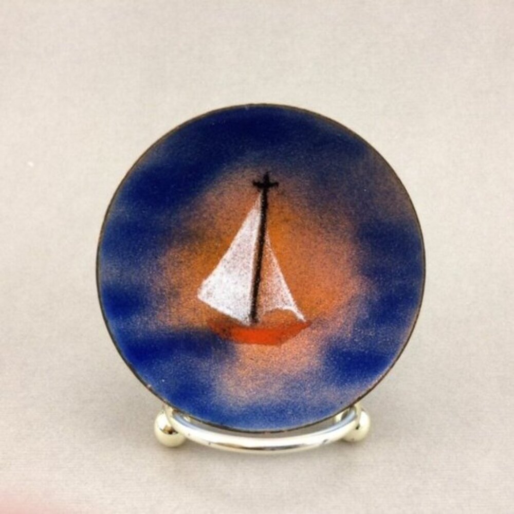 Small Enamel on Copper Sailboat Plate Trinket Dish Artisan Made Nautical Signed